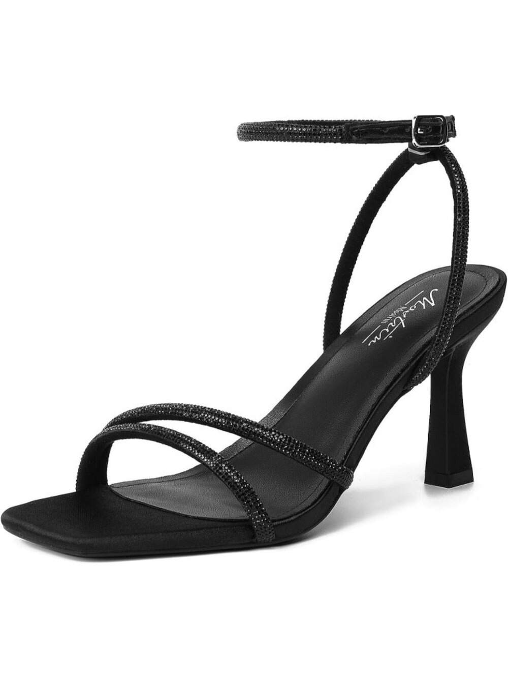 Womens Sparkling Black Ankle Strap Lace Up Heel Square Open Toe High Heel Sandal